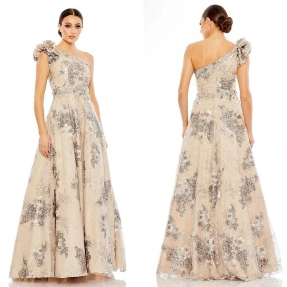 NWT Mac Duggal 67960 Beaded Lace One Shoulder Dress Gown Mocha Size 10